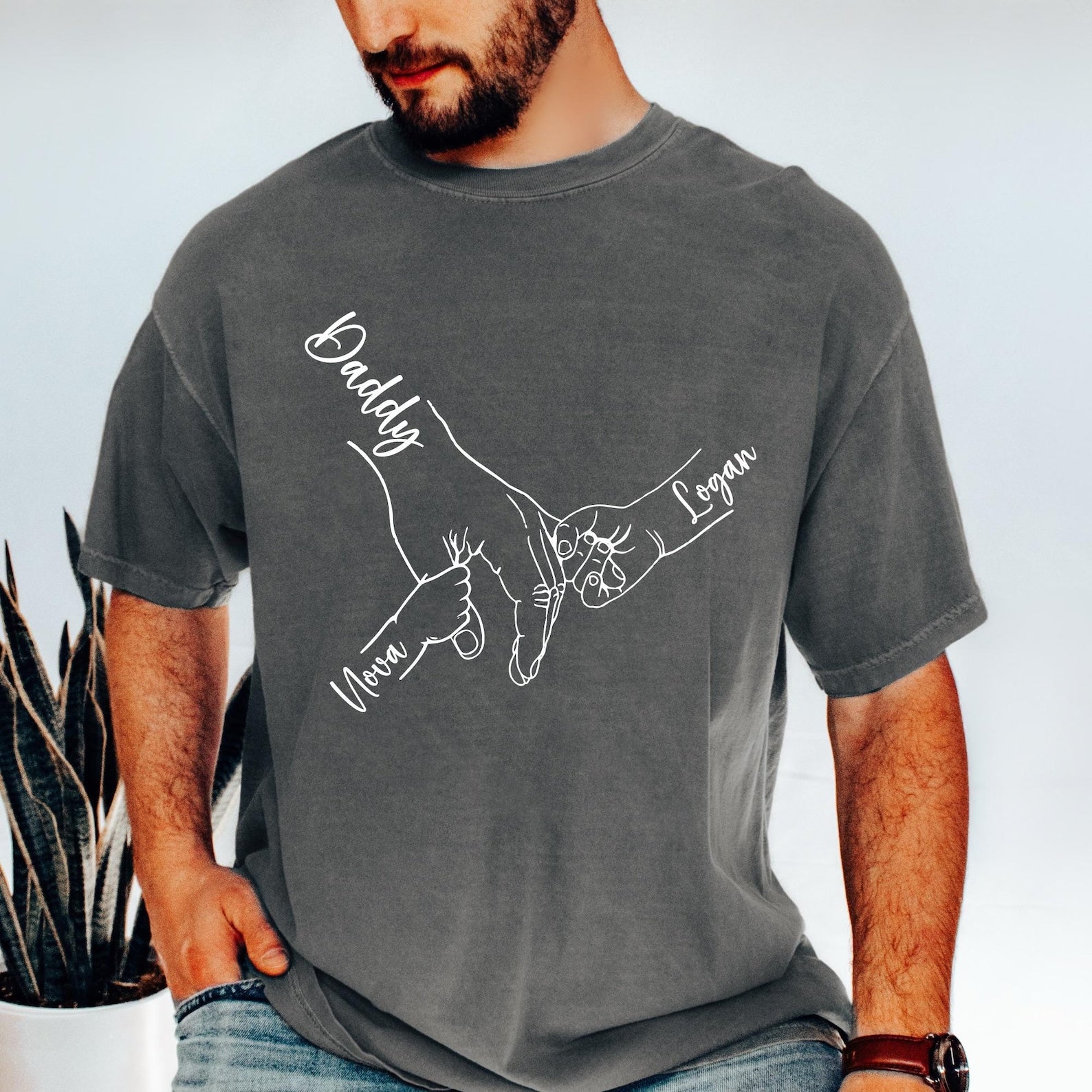 Comfort Colors Custom Dad Hand With Kid Names Tee, Holding Dad Fingers Shirt, Custom Kids Name Shirt, Fathers Day Gift, Gift For Papa