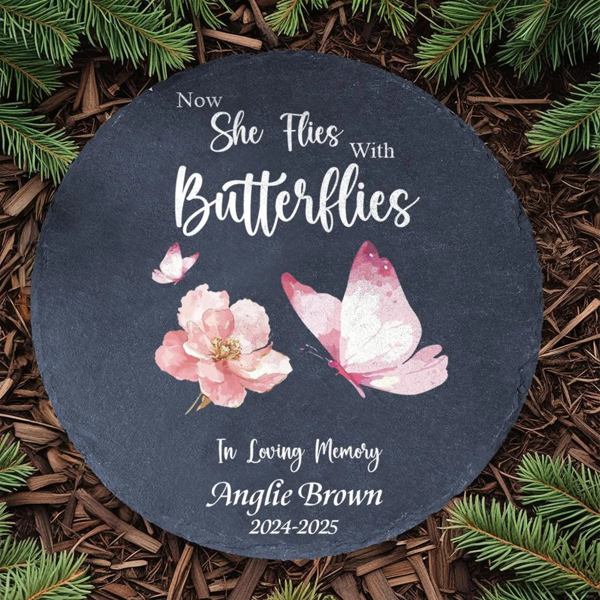 Now She Flies With Butterflies Personalized Memorial Stone For Mom Dad,In Remembrance Stone,Loss Of Dad,Father Day Gift,Bereavement Gift