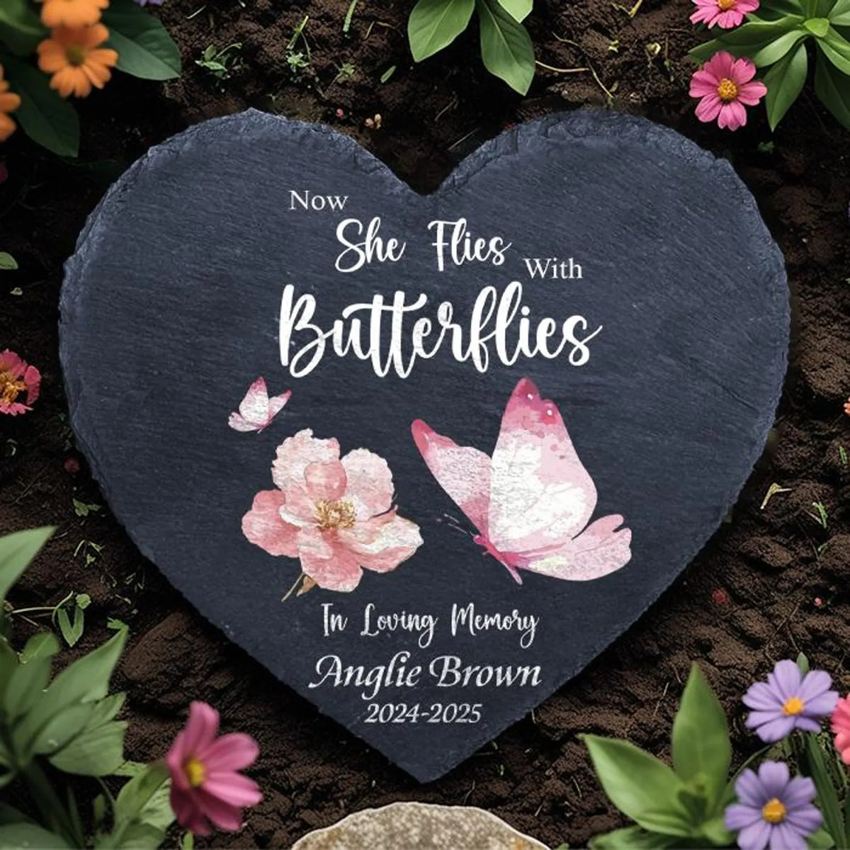 Now She Flies With Butterflies Personalized Memorial Stone For Mom Dad,In Remembrance Stone,Loss Of Dad,Father Day Gift,Bereavement Gift