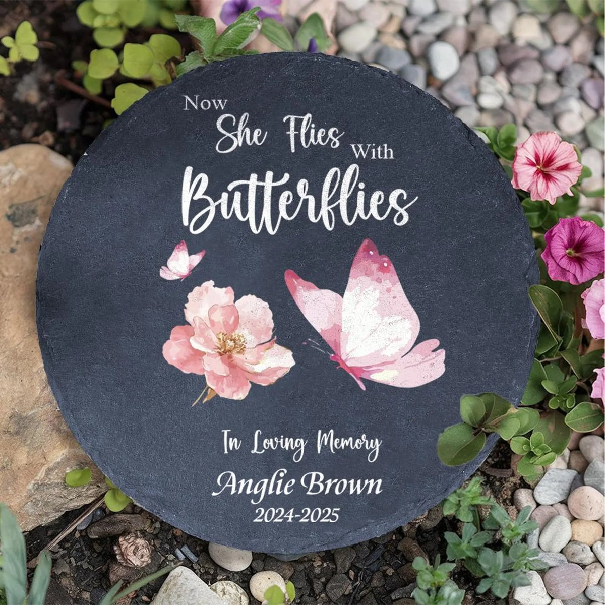 Now She Flies With Butterflies Personalized Memorial Stone For Mom Dad,In Remembrance Stone,Loss Of Dad,Father Day Gift,Bereavement Gift