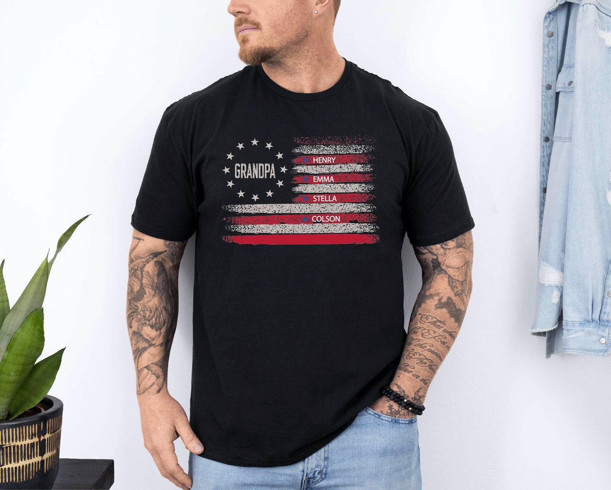 Personalized Grandpa T-Shirt American Flag, Grandkids Names Father's Day Gift , 4th of July Gift For Him