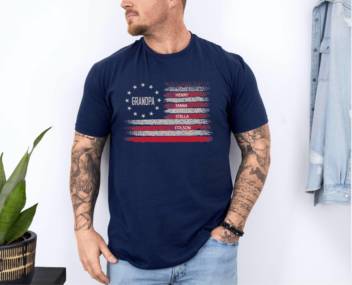 Personalized Grandpa T-Shirt American Flag, Grandkids Names Father's Day Gift , 4th of July Gift For Him