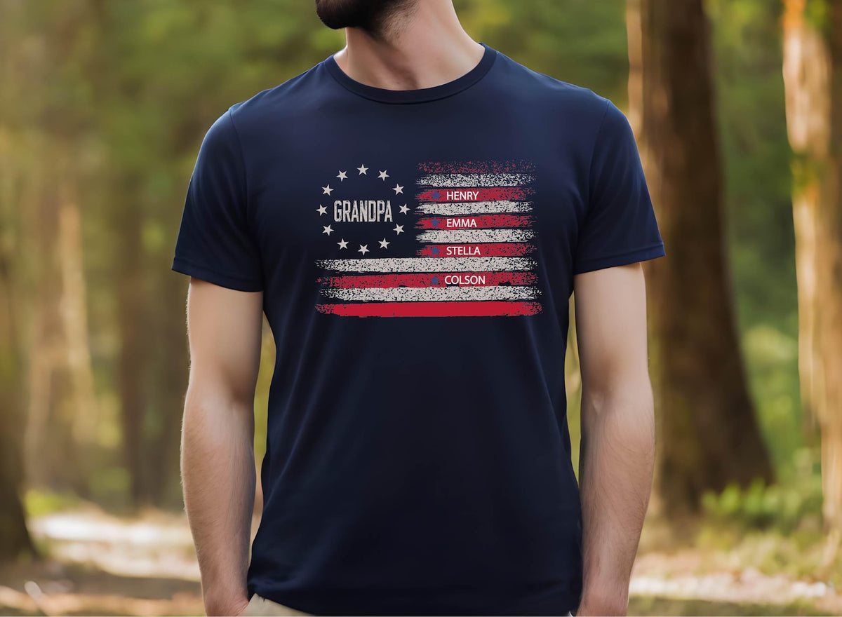 Personalized Grandpa T-Shirt American Flag, Grandkids Names Father's Day Gift , 4th of July Gift For Him