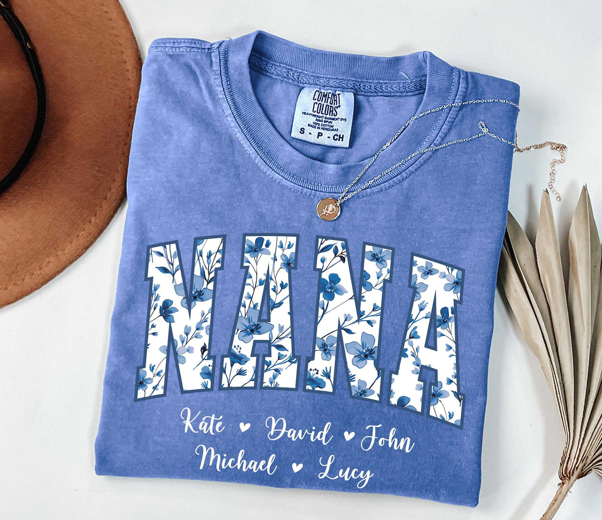 Personalized Gigi Shirt Dusty Blue Floral Grandma Mama Shirt Custom Names Mimi Nana Gigi Long Sleeve Tshirt Mothers Day Tee