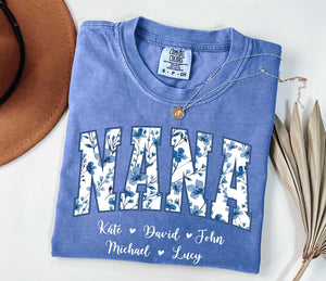 Personalized Gigi Shirt Dusty Blue Floral Grandma Mama Shirt Custom Names Mimi Nana Gigi Long Sleeve Tshirt Mothers Day Tee