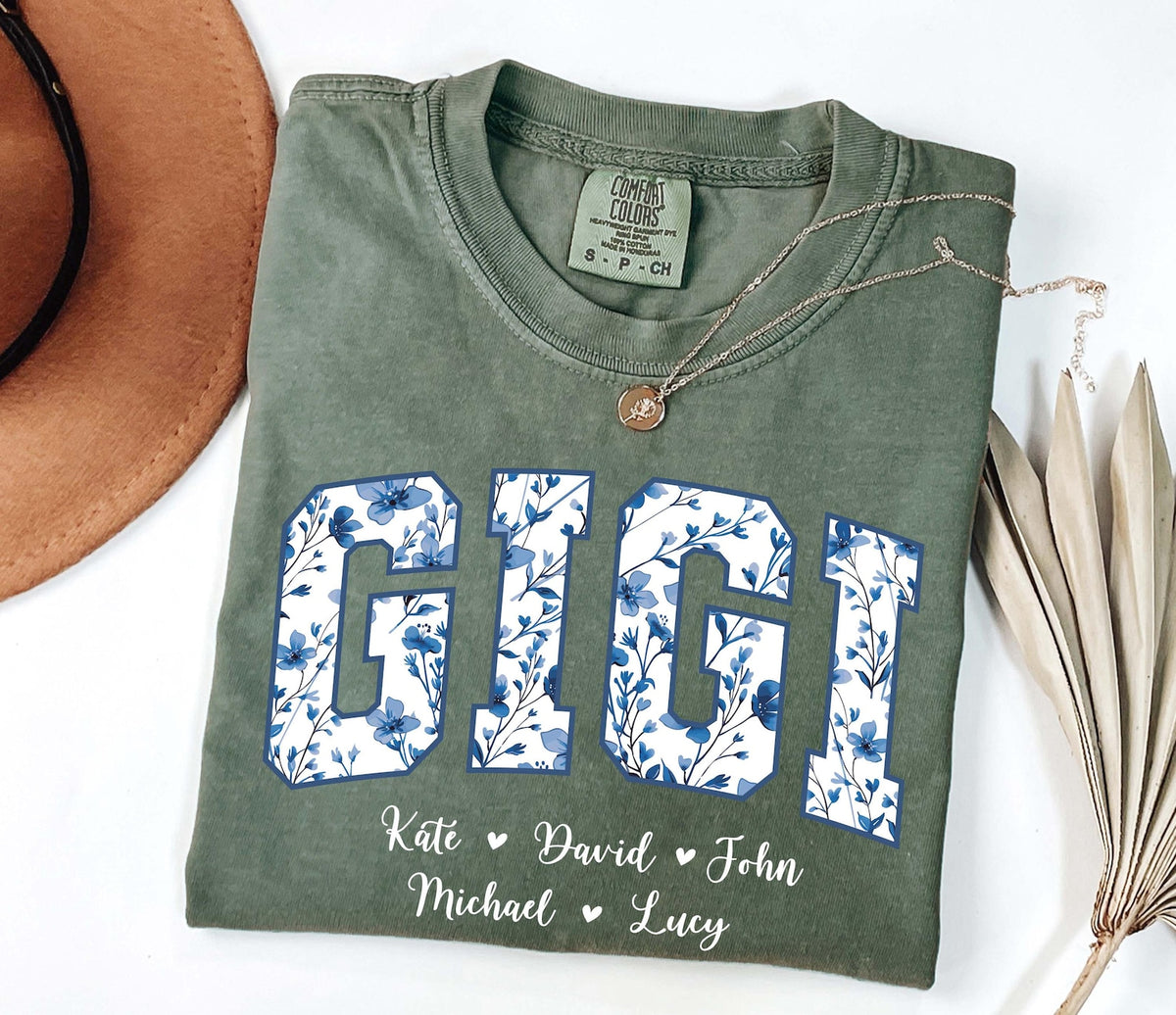 Personalized Gigi Shirt Dusty Blue Floral Grandma Mama Shirt Custom Names Mimi Nana Gigi Long Sleeve Tshirt Mothers Day Tee