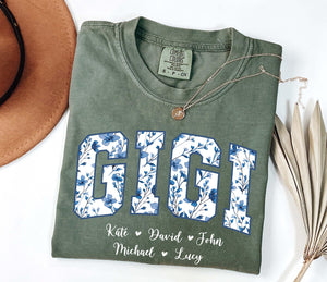 Personalized Gigi Shirt Dusty Blue Floral Grandma Mama Shirt Custom Names Mimi Nana Gigi Long Sleeve Tshirt Mothers Day Tee