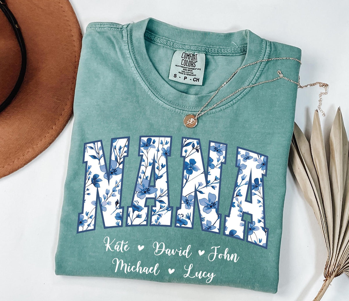 Personalized Gigi Shirt Dusty Blue Floral Grandma Mama Shirt Custom Names Mimi Nana Gigi Long Sleeve Tshirt Mothers Day Tee