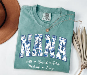 Personalized Gigi Shirt Dusty Blue Floral Grandma Mama Shirt Custom Names Mimi Nana Gigi Long Sleeve Tshirt Mothers Day Tee