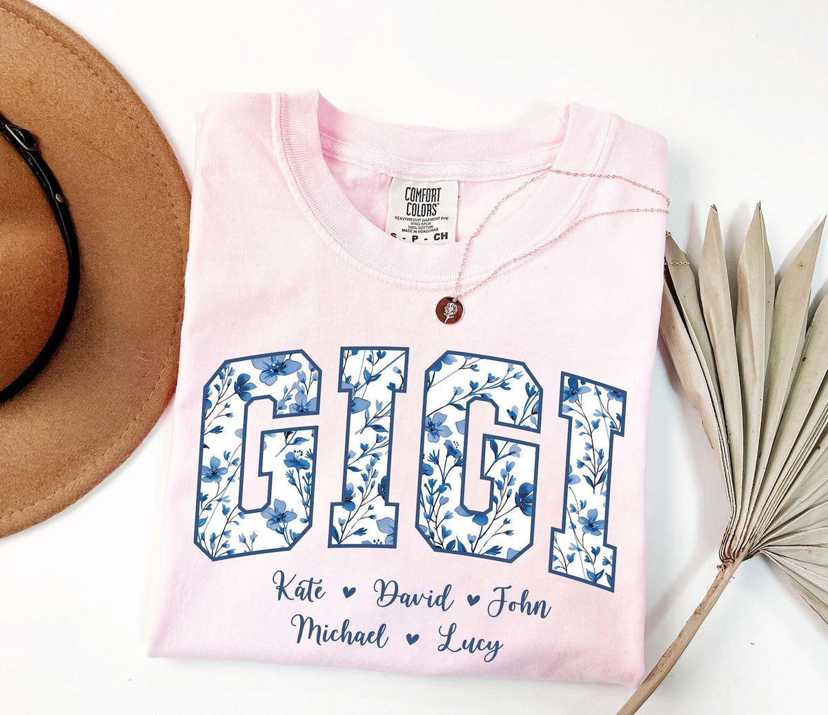 Personalized Gigi Shirt Dusty Blue Floral Grandma Mama Shirt Custom Names Mimi Nana Gigi Long Sleeve Tshirt Mothers Day Tee