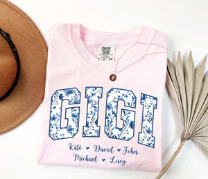 Personalized Gigi Shirt Dusty Blue Floral Grandma Mama Shirt Custom Names Mimi Nana Gigi Long Sleeve Tshirt Mothers Day Tee