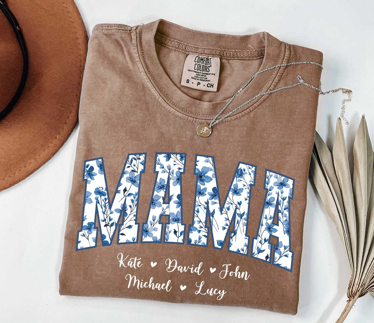 Personalized Gigi Shirt Dusty Blue Floral Grandma Mama Shirt Custom Names Mimi Nana Gigi Long Sleeve Tshirt Mothers Day Tee