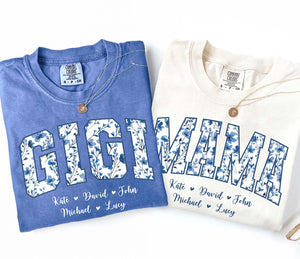 Personalized Gigi Shirt Dusty Blue Floral Grandma Mama Shirt Custom Names Mimi Nana Gigi Long Sleeve Tshirt Mothers Day Tee