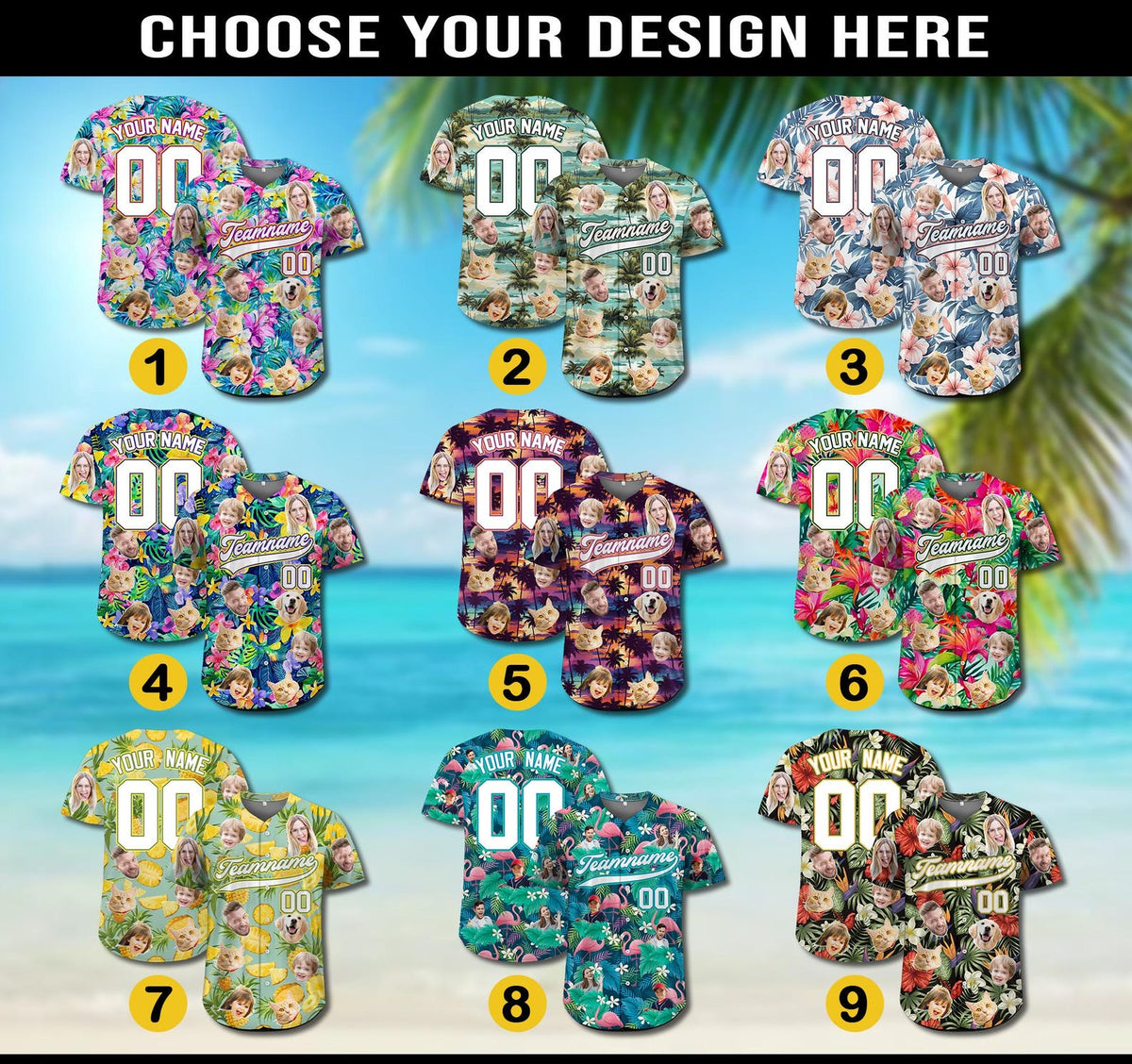 Custom Hawaiian Baseball Jersey with Face Teamname Name Number, Personalized Hawaii Floral Shirt for Men Women Youth Preschool Button Shirt