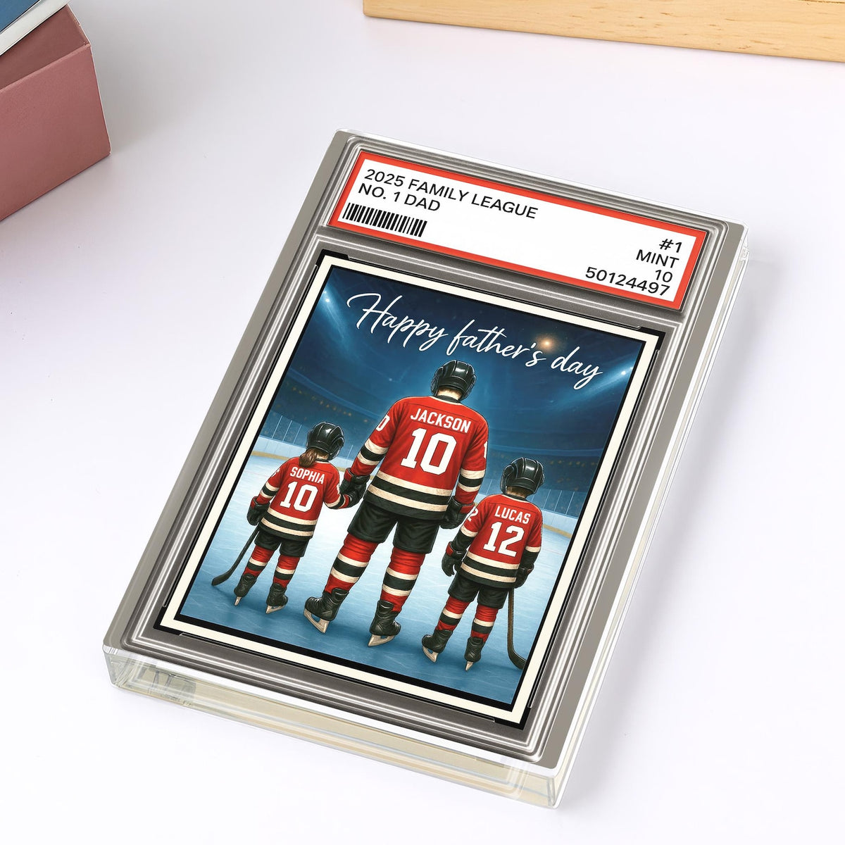 Hockey No. 1 Dad Grandpa Man & Kids Trading Card Style Personalized Acrylic Block Plaque, Ice Hockey, Father Day Gift for Dad Grandpa