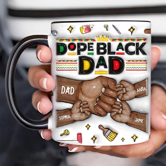 Personalized Dope Black Dad 3D EFFECT Mug with Kids Names Custom Fist Bump African American Father s Day Gift from Son or Daughter, Best Dad Ever