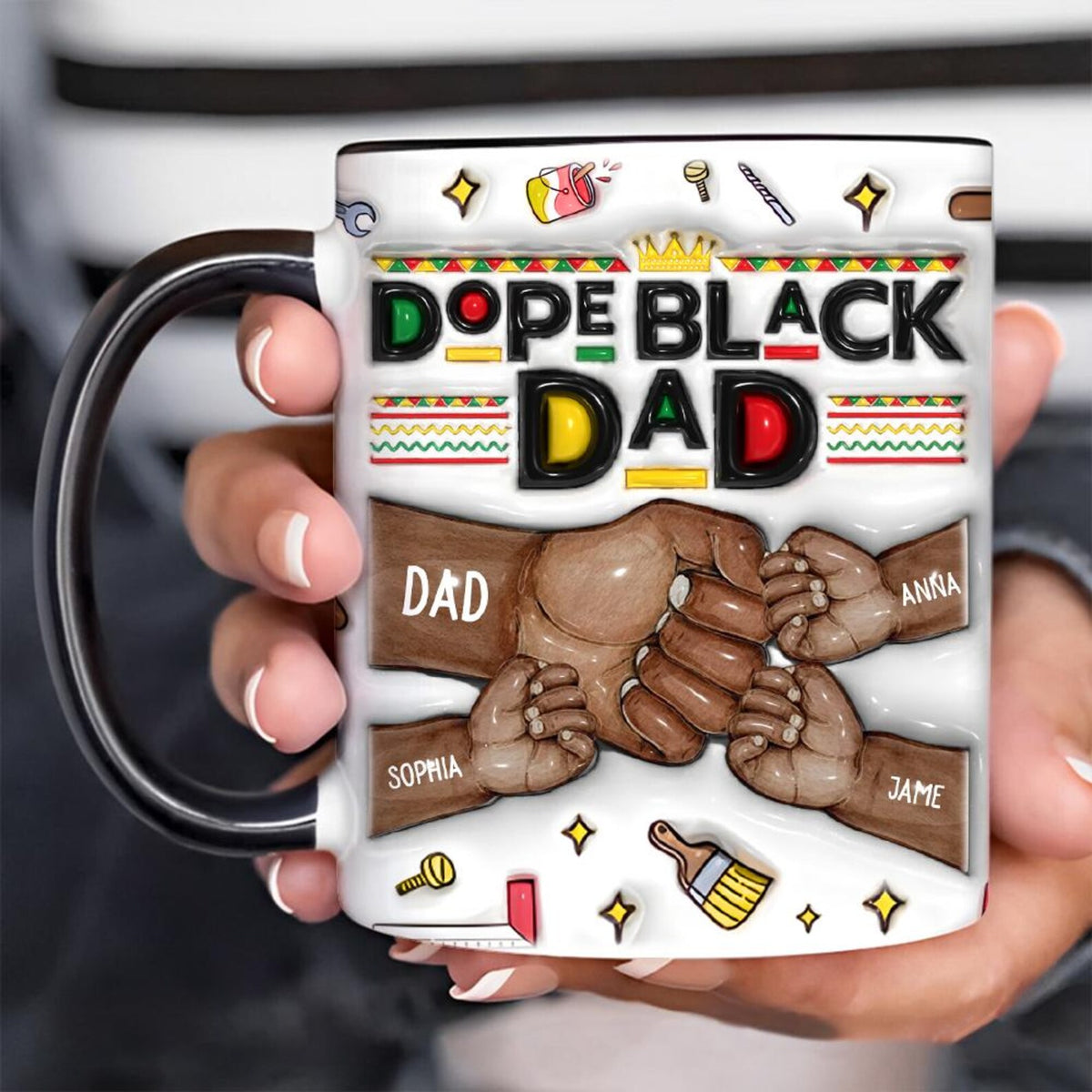 Personalized Dope Black Dad 3D EFFECT Mug with Kids Names Custom Fist Bump African American Father s Day Gift from Son or Daughter, Best Dad Ever