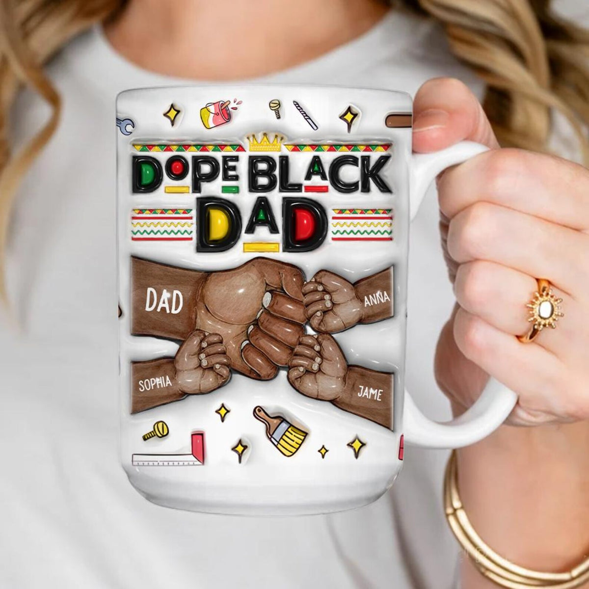 Personalized Dope Black Dad 3D EFFECT Mug with Kids Names Custom Fist Bump African American Father s Day Gift from Son or Daughter, Best Dad Ever