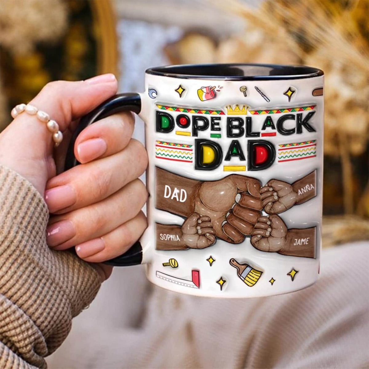 Personalized Dope Black Dad 3D EFFECT Mug with Kids Names Custom Fist Bump African American Father s Day Gift from Son or Daughter, Best Dad Ever