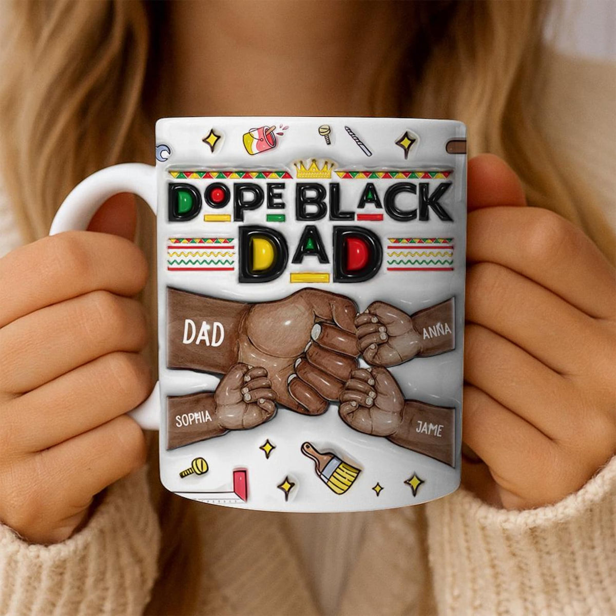 Personalized Dope Black Dad 3D EFFECT Mug with Kids Names Custom Fist Bump African American Father s Day Gift from Son or Daughter, Best Dad Ever