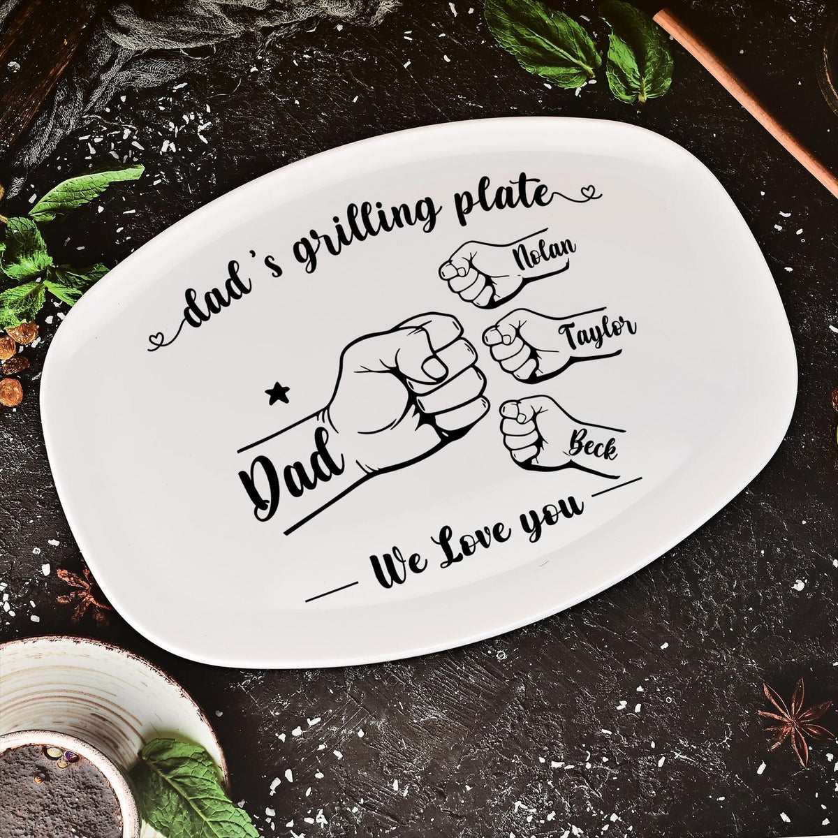 Personalized Grilling Platter,Fist Bump Dad and Kids Name Grilling Plate,Custom BBQ Grilling Plate Gift for Him,Birthday Gifts from Daughter