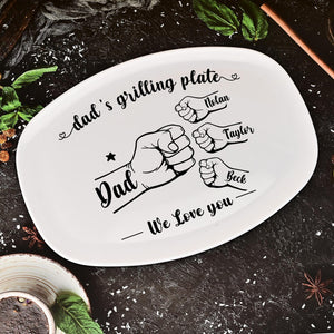 Personalized Grilling Platter,Fist Bump Dad and Kids Name Grilling Plate,Custom BBQ Grilling Plate Gift for Him,Birthday Gifts from Daughter