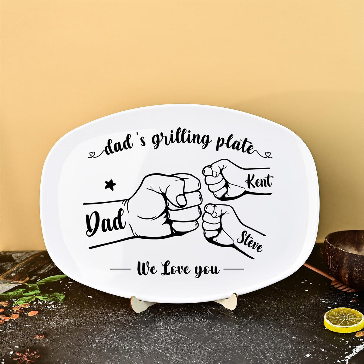 Personalized Grilling Platter,Fist Bump Dad and Kids Name Grilling Plate,Custom BBQ Grilling Plate Gift for Him,Birthday Gifts from Daughter