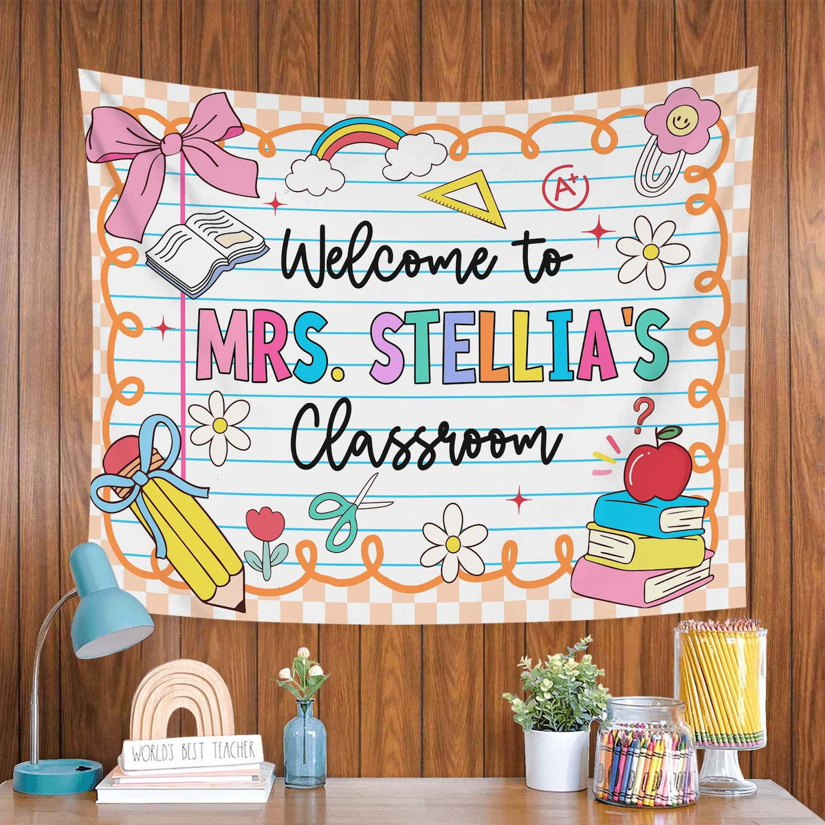 Personalized Teacher Tapestry, Custom Welcome Classroom Banner with Name, Back To School, First Day of School Gifts, Gift for Teacher