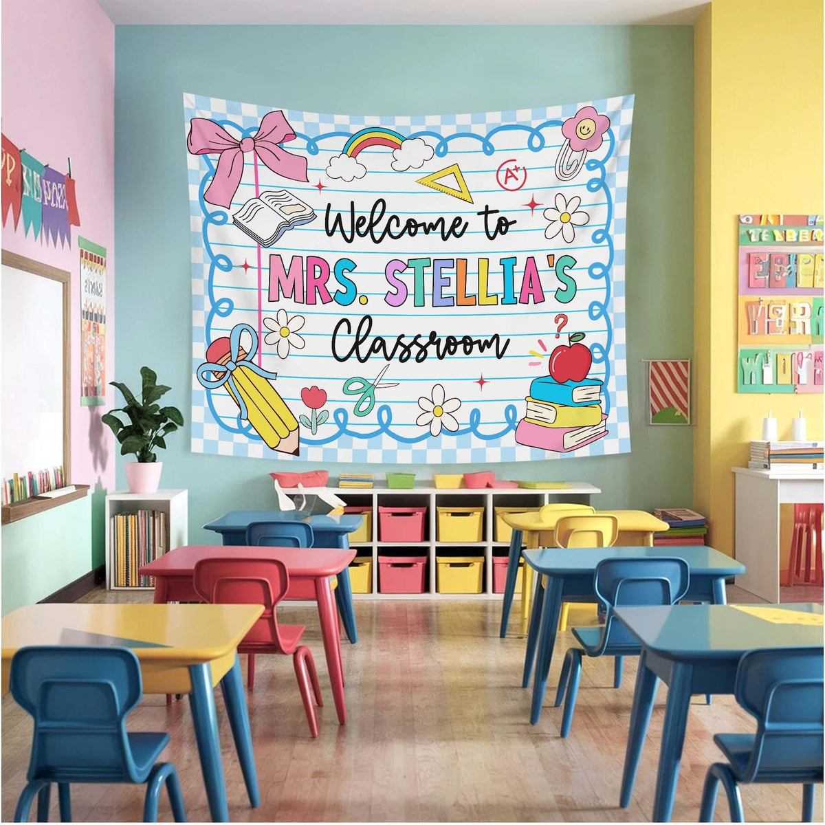 Personalized Teacher Tapestry, Custom Welcome Classroom Banner with Name, Back To School, First Day of School Gifts, Gift for Teacher