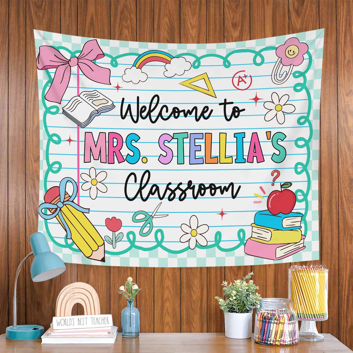 Personalized Teacher Tapestry, Custom Welcome Classroom Banner with Name, Back To School, First Day of School Gifts, Gift for Teacher