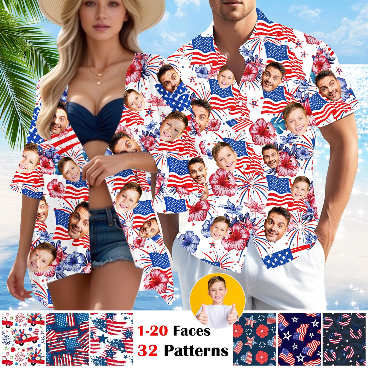 Personalized American Flag Hawaiian face Shirt: USA 250th Anniversar Gift,4th of July Shirt