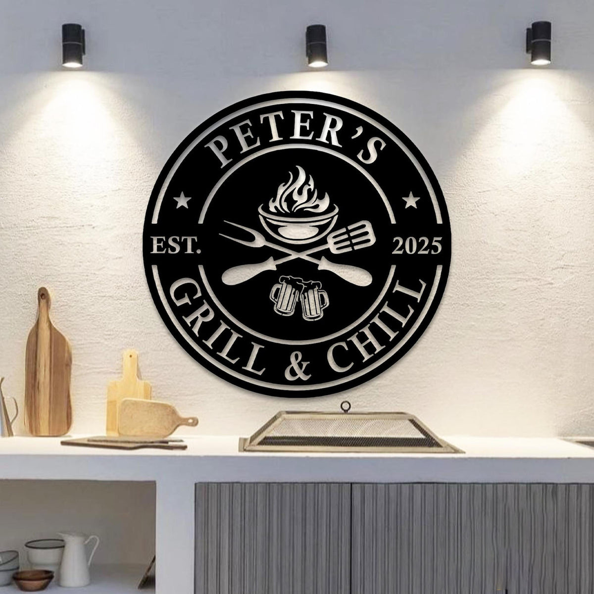 Personalized Grill & Chill Sign, BBQ Metal Decor, Custom Name Barbecue Art, Outdoor Patio/Man Cave Decor, Unique Handmade Father's Day Gift