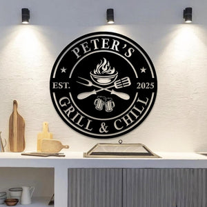Personalized Grill & Chill Sign, BBQ Metal Decor, Custom Name Barbecue Art, Outdoor Patio/Man Cave Decor, Unique Handmade Father's Day Gift