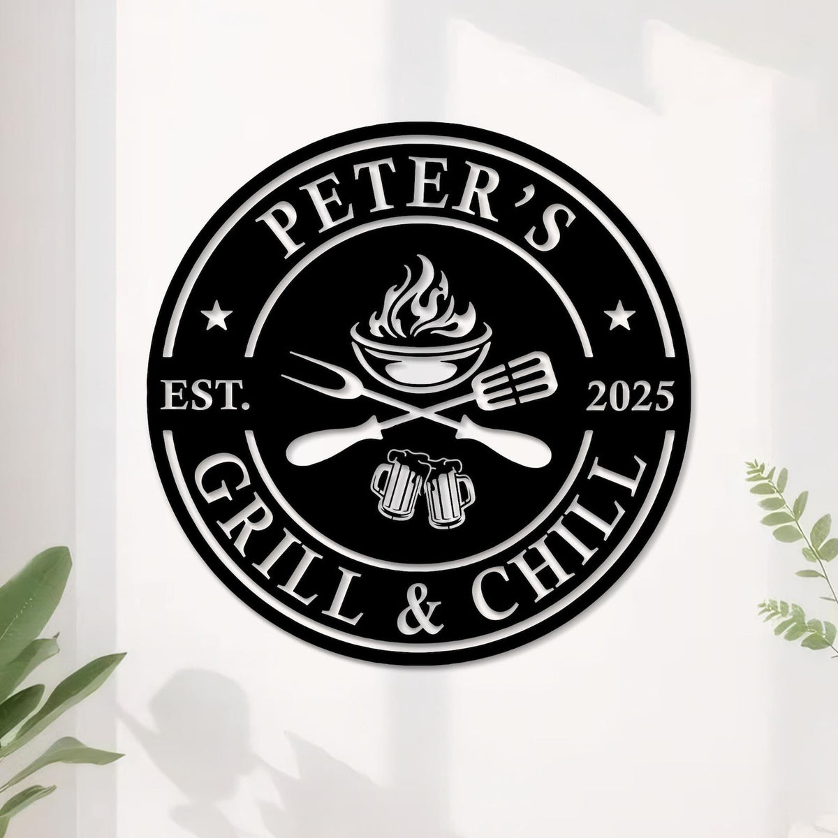 Personalized Grill & Chill Sign, BBQ Metal Decor, Custom Name Barbecue Art, Outdoor Patio/Man Cave Decor, Unique Handmade Father's Day Gift