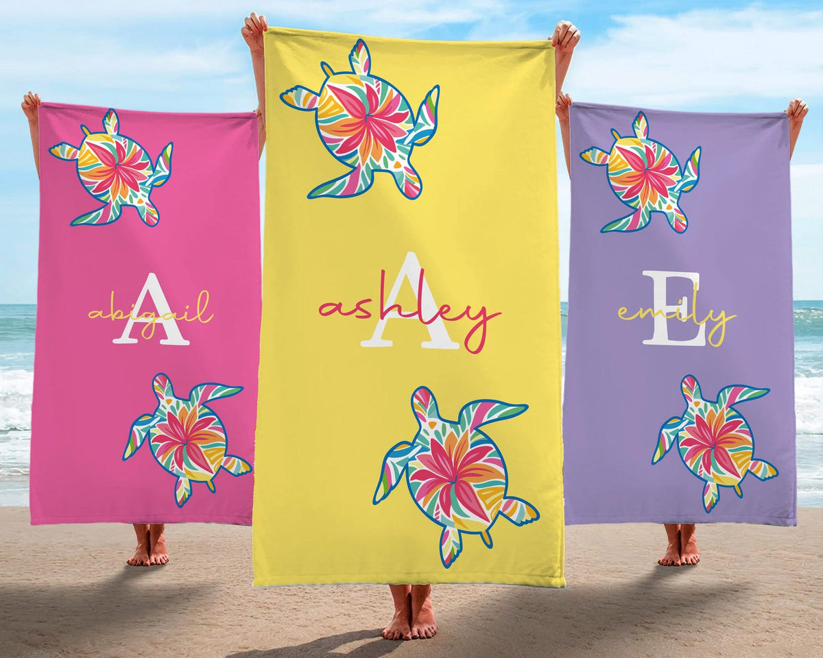 Custom Turtle Beach Towel, Personalized Tropical Flower Gift, Sea Turtle Beach Towel, Custom Name Kids Beach Towel, Summer Beach Gift