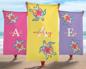 Custom Turtle Beach Towel, Personalized Tropical Flower Gift, Sea Turtle Beach Towel, Custom Name Kids Beach Towel, Summer Beach Gift
