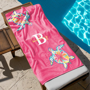 Custom Turtle Beach Towel, Personalized Tropical Flower Gift, Sea Turtle Beach Towel, Custom Name Kids Beach Towel, Summer Beach Gift