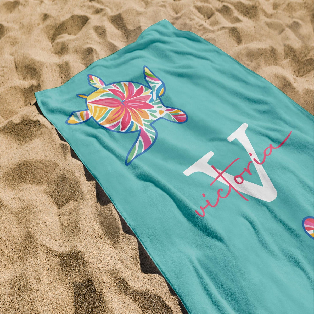 Custom Turtle Beach Towel, Personalized Tropical Flower Gift, Sea Turtle Beach Towel, Custom Name Kids Beach Towel, Summer Beach Gift