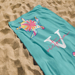 Custom Turtle Beach Towel, Personalized Tropical Flower Gift, Sea Turtle Beach Towel, Custom Name Kids Beach Towel, Summer Beach Gift