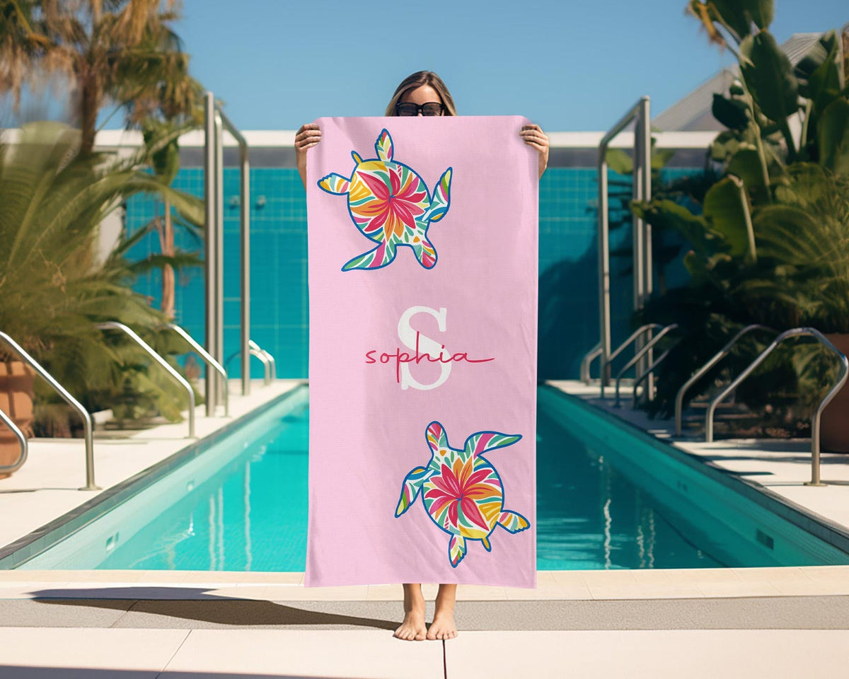Custom Turtle Beach Towel, Personalized Tropical Flower Gift, Sea Turtle Beach Towel, Custom Name Kids Beach Towel, Summer Beach Gift
