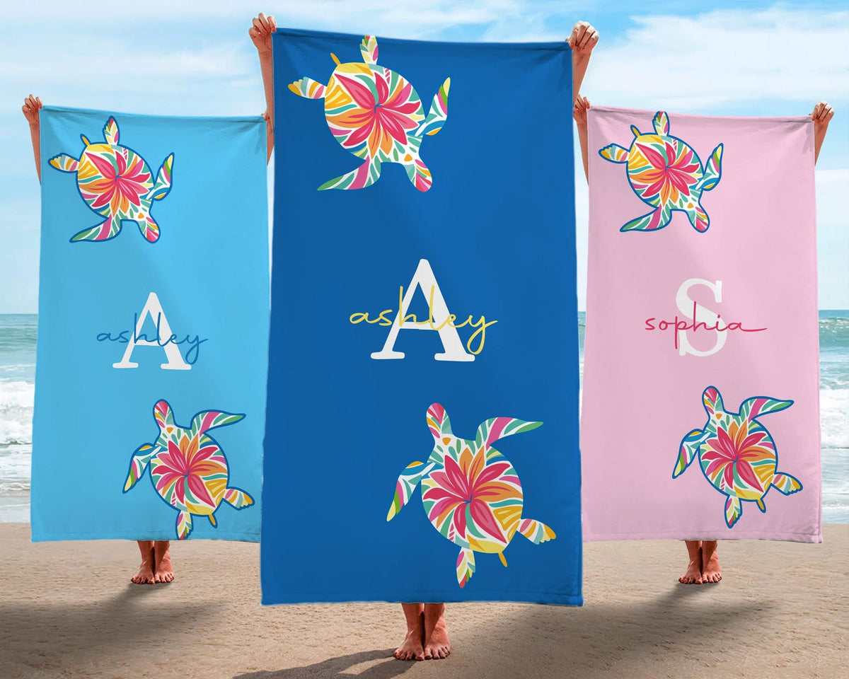 Custom Turtle Beach Towel, Personalized Tropical Flower Gift, Sea Turtle Beach Towel, Custom Name Kids Beach Towel, Summer Beach Gift