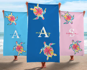 Custom Turtle Beach Towel, Personalized Tropical Flower Gift, Sea Turtle Beach Towel, Custom Name Kids Beach Towel, Summer Beach Gift