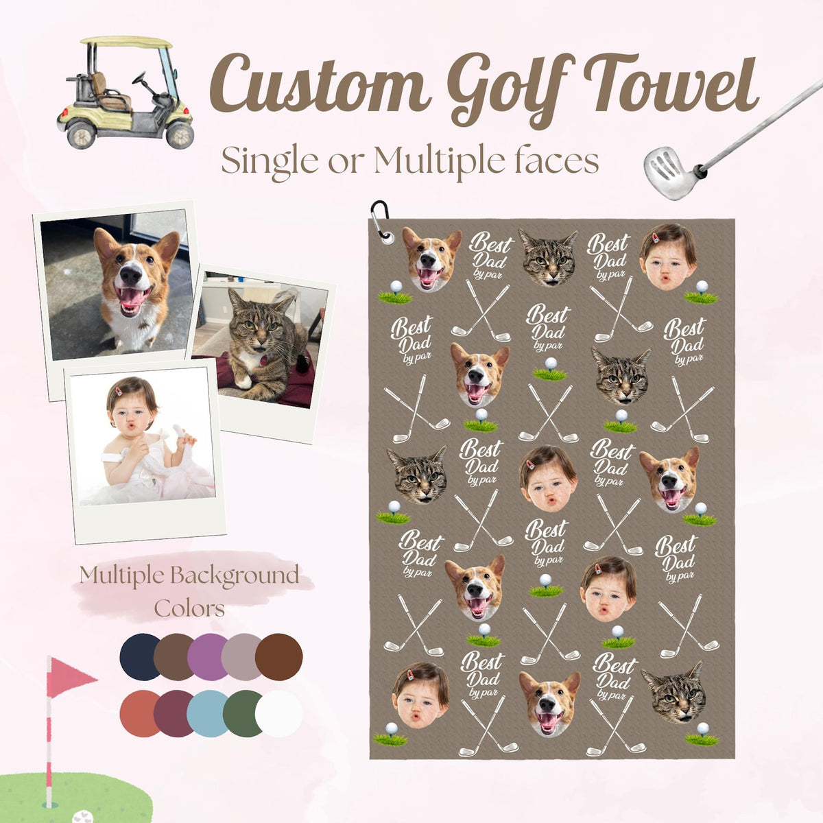 Custom Golf Towel with Kids and Pet Faces, Best Dad by Par Gift, Funny Golf Gift for Dad, Personalized Golf Accessories, Golf Lovers Gift