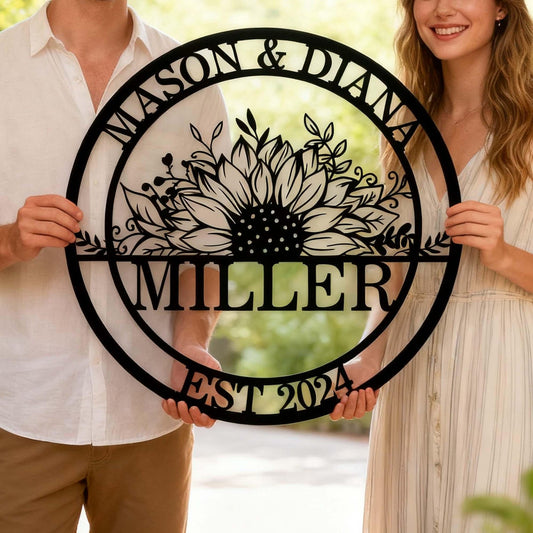 Personalized Wedding Sign, Family Name Sign with Sunflowers, Custom Last Name Established Sign, Anniversary Couple Gift, Metal Wall Art