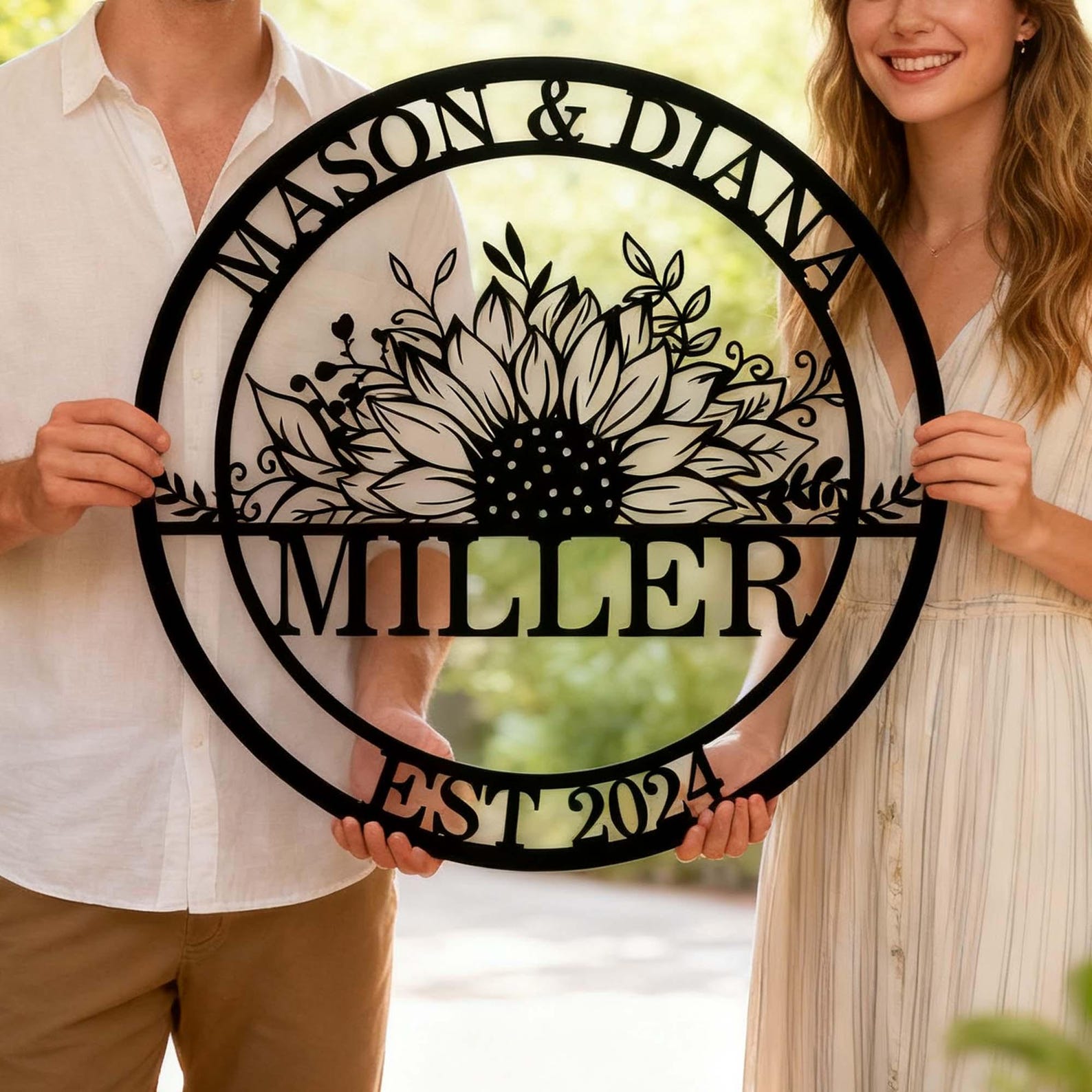 Personalized Wedding Sign, Family Name Sign with Sunflowers, Custom Last Name Established Sign, Anniversary Couple Gift, Metal Wall Art