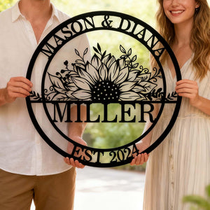 Personalized Wedding Sign, Family Name Sign with Sunflowers, Custom Last Name Established Sign, Anniversary Couple Gift, Metal Wall Art