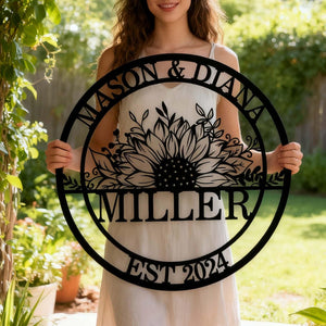 Personalized Wedding Sign, Family Name Sign with Sunflowers, Custom Last Name Established Sign, Anniversary Couple Gift, Metal Wall Art