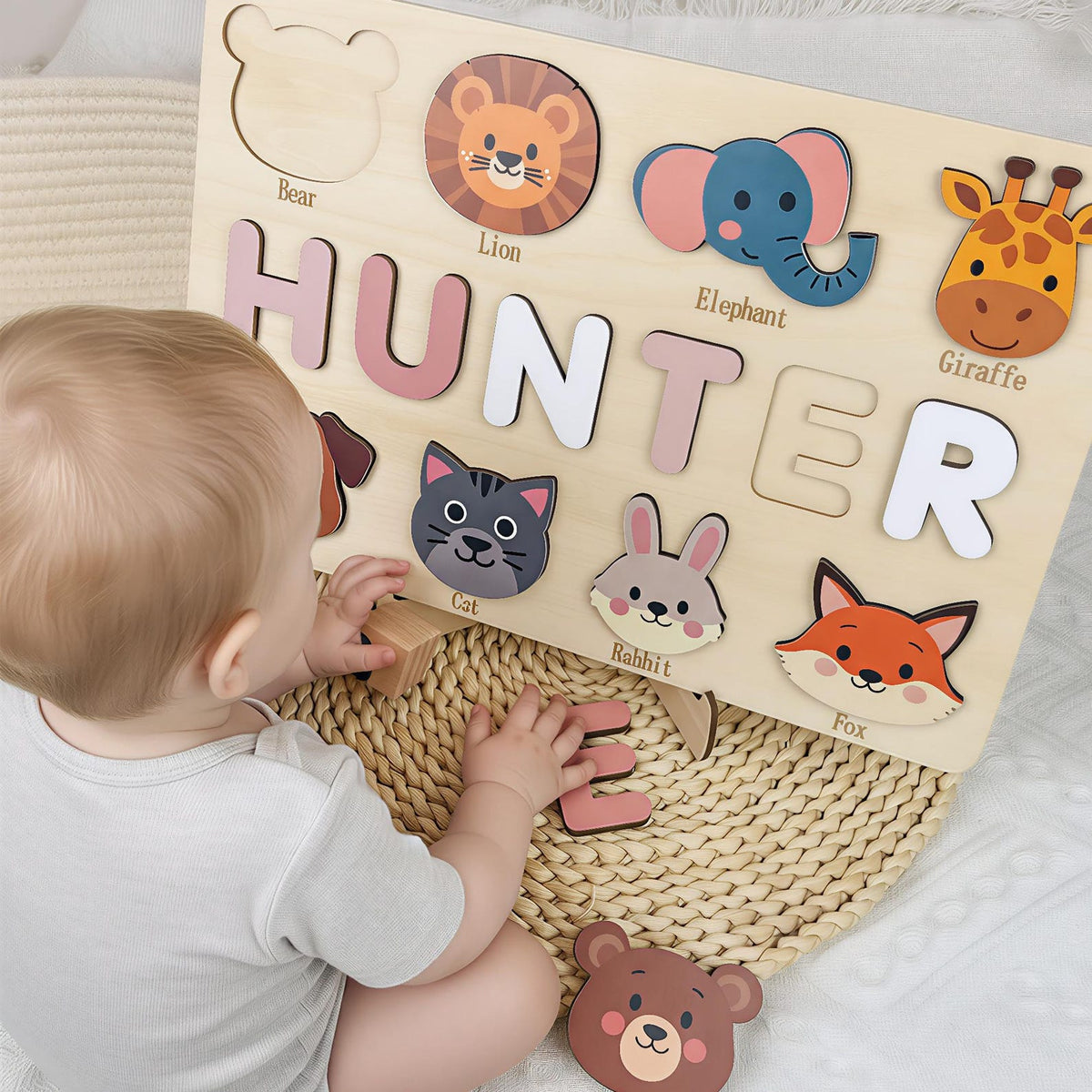 Personalized Wooden Name Puzzle: Toddler Baby Gift, Handmade Animal Toy, First Birthday Gift, Puzzles for Toddlers