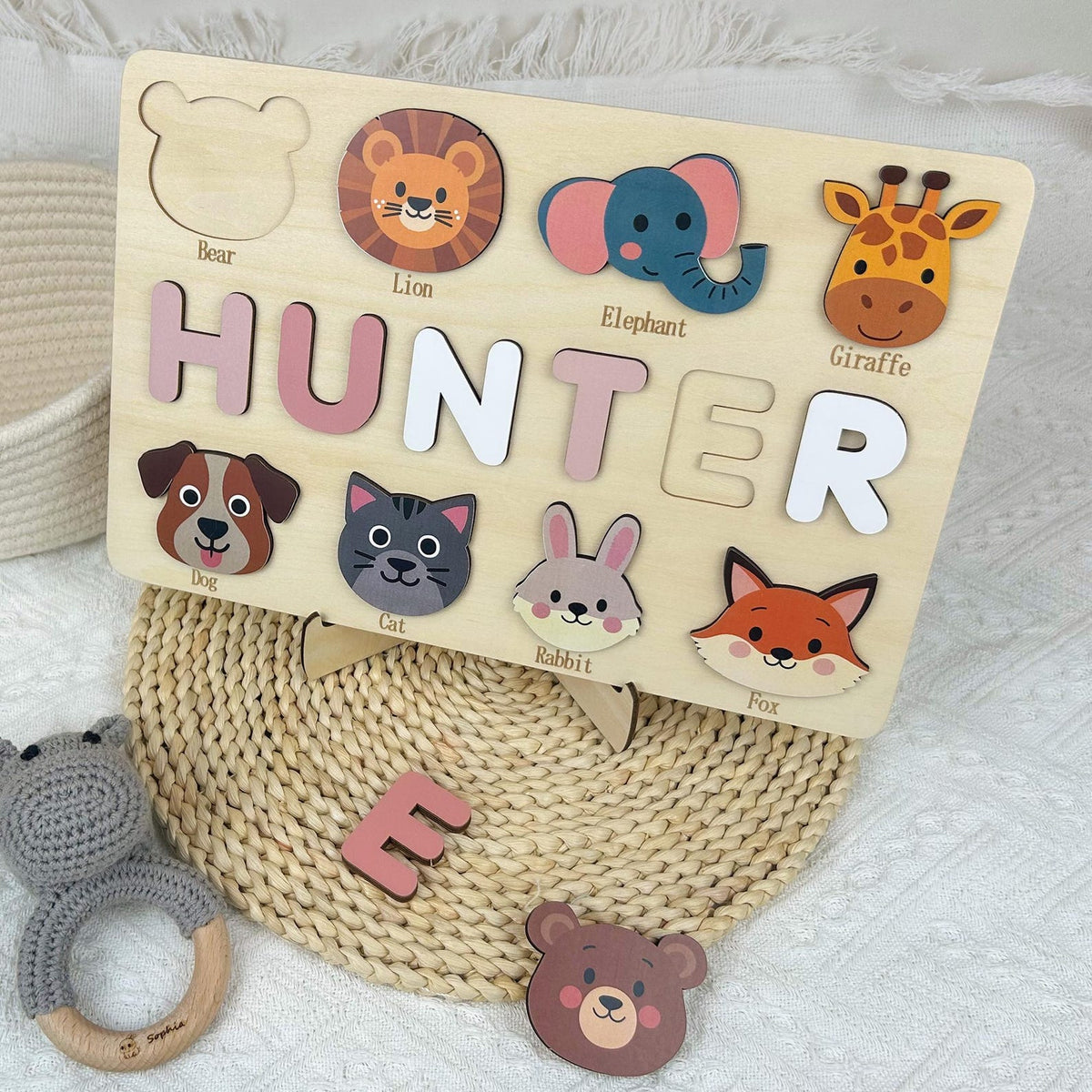 Personalized Wooden Name Puzzle: Toddler Baby Gift, Handmade Animal Toy, First Birthday Gift, Puzzles for Toddlers