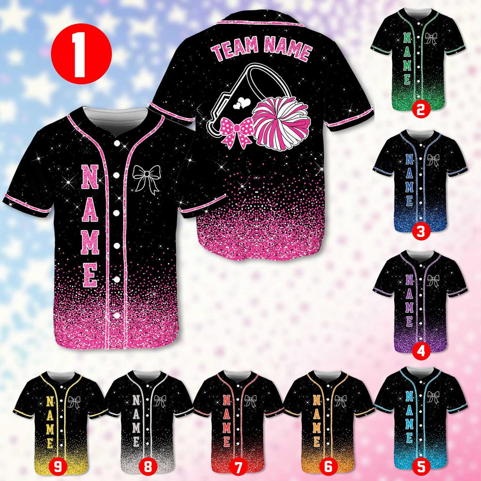 Custom Cheerleading Baseball Jersey, Sparkle Glitter Team Uniform, Personalized Name Number Cheer Team Baseball Shirt for Adult Kid Youth